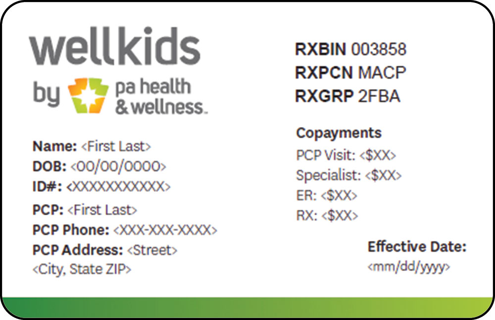 sample member ID card for wellkids by PA health and wellness