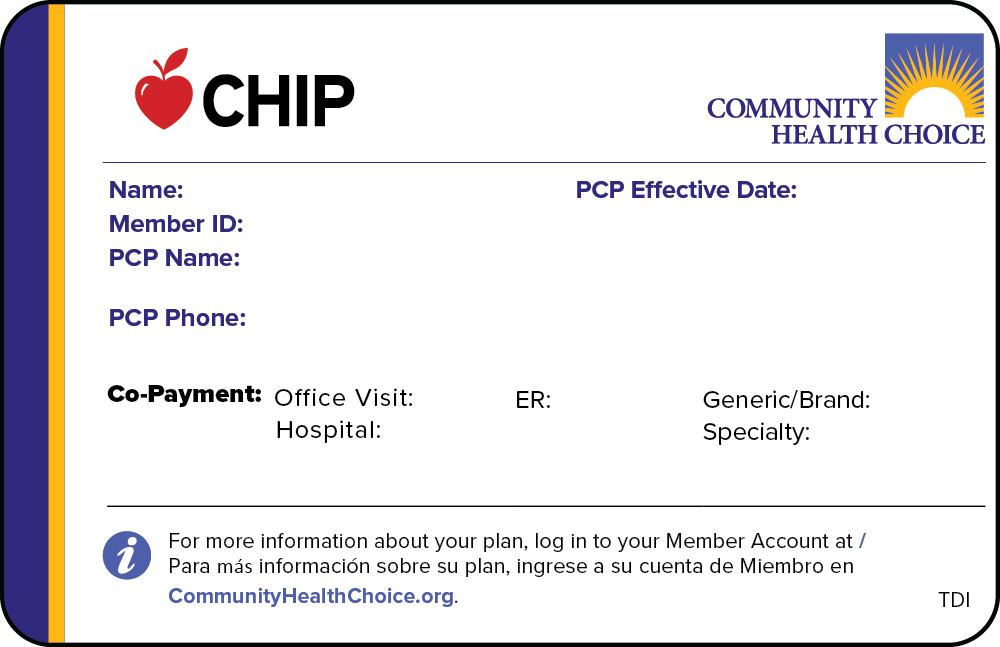 Sample CHIP member ID card for Community Health Choice