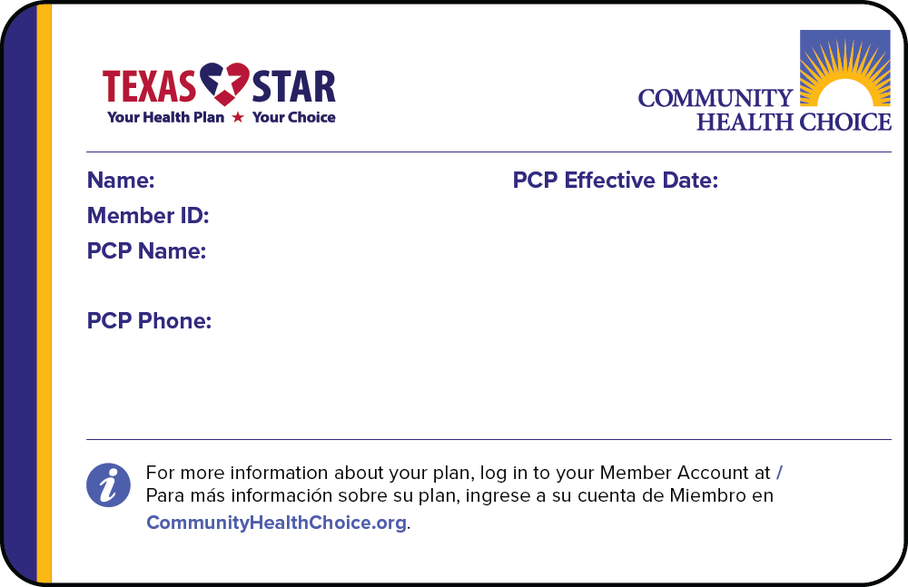 Sample Texas Star member ID card for Community Health Choice