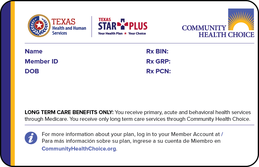 Sample Texas Star Plus member ID card for Community Health Choice
