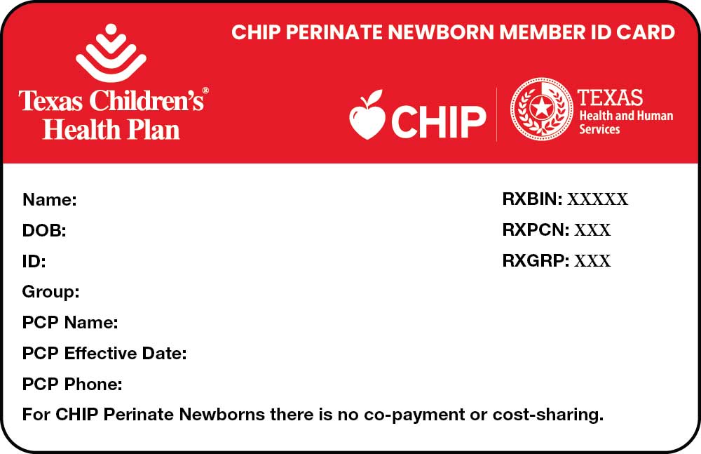 Texas Children's Health Plan CHIP Perinate newborn member ID card