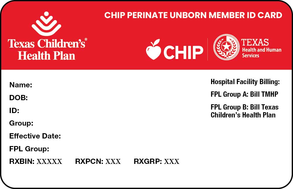 Texas Children's Health Plan CHIP Perinate unborn member ID card