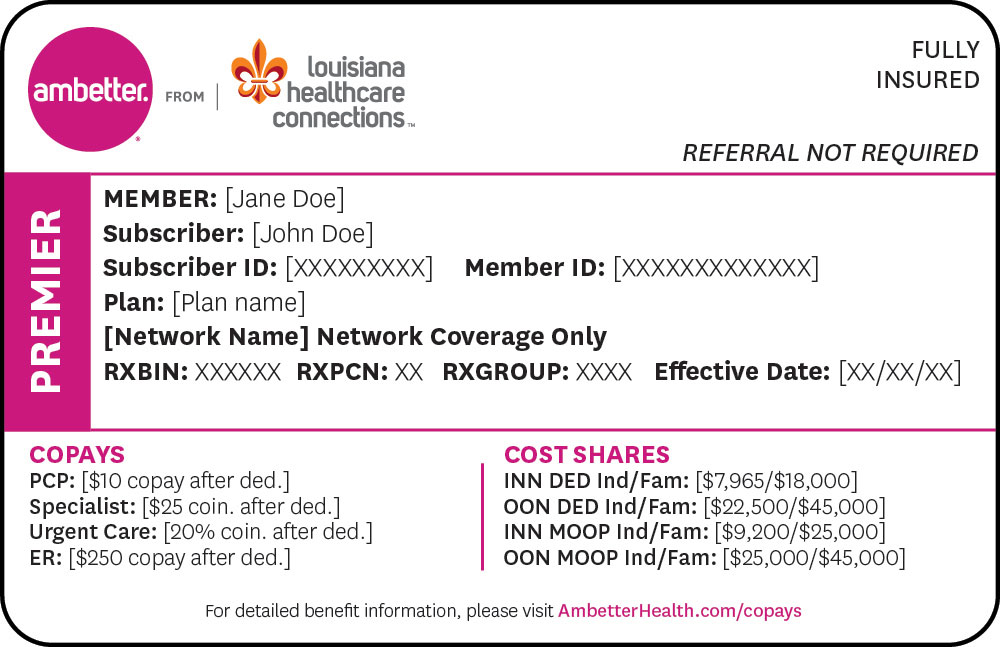 Sample Member ID Card for Ambetter from Louisiana Healthcare Connections